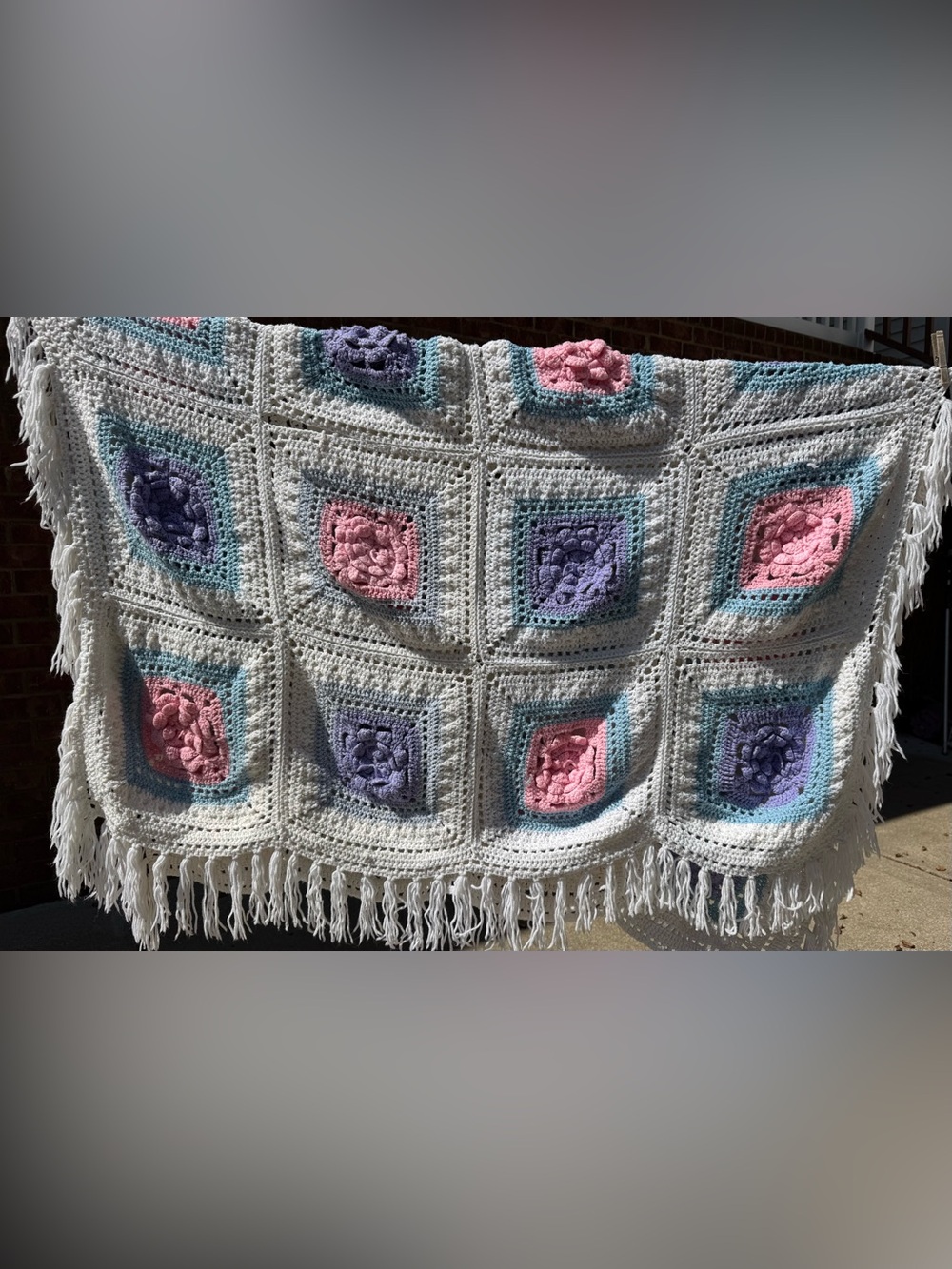 Handmade Crochet Popcorn Square Throw Blanket - Pink, Purple & Blue